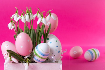 Fresh snowdrop flowers and Easter eggs