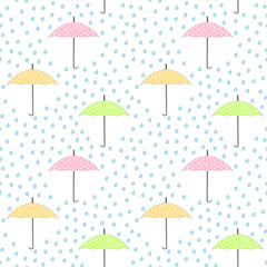 Obraz premium Colorful Umbrella pattern. Seamless pattern with drops rain and umbrella. Vector illustration