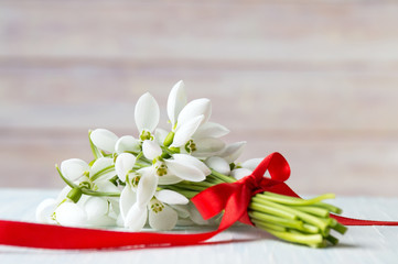 Snowdrops bouquet with red ribbon for a romantic present