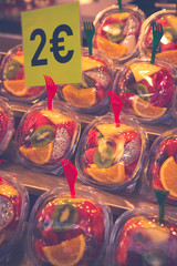 Fruits and vegetables stall in La Boqueria, the most famous market in Barcelona.