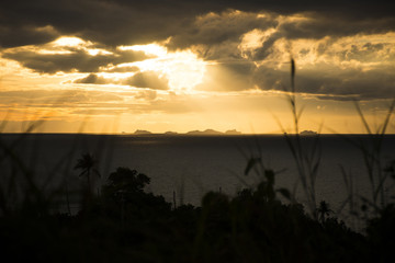 Panoramic sunset by the sea island Koh Phangan with Ang Thong Marine Park background Thailand