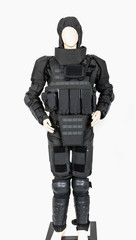 Mannequin dressed in a bulletproof tactical vest, protective elements on the feet and hands, police, defense, security guards.