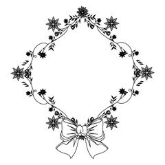 monochrome contour with diamond frame with creepers and violet flowers and ribbon vector illustration