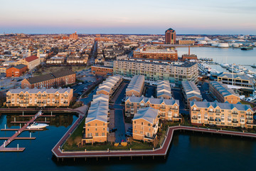 Aerial view of the Canton Waterfront, in Baltimore, Maryland.