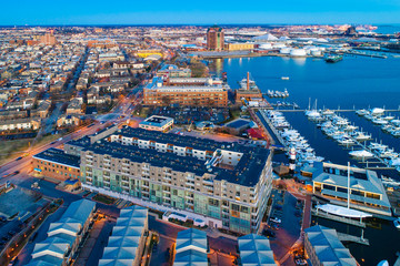 Fototapeta na wymiar Aerial view of the Canton Waterfront at twilight, in Baltimore, Maryland.