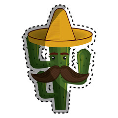 sticker animated cartoon cactus with mexican hat and moustache vector illustration