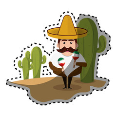 sticker background Cactus with man mexican and traditional outfit vector illustration