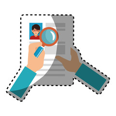 sticker search with loupe in woman file info with curriculum vitae sheet vector illustration