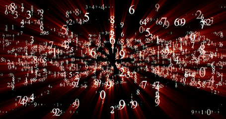 burst set of random numbers glowing red rays on a black backgrou