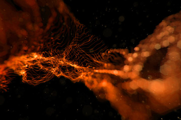 abstract stream array colorful glitter sparkle yellow, orange lines with particles  on black background science and research