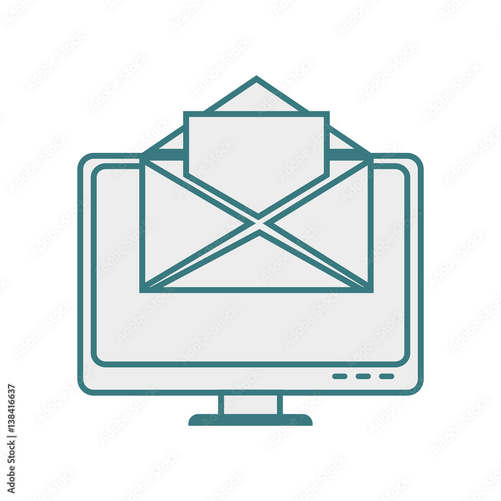 Poster monochrome contour with lcd monitor and envelope mail on screen vector illustration