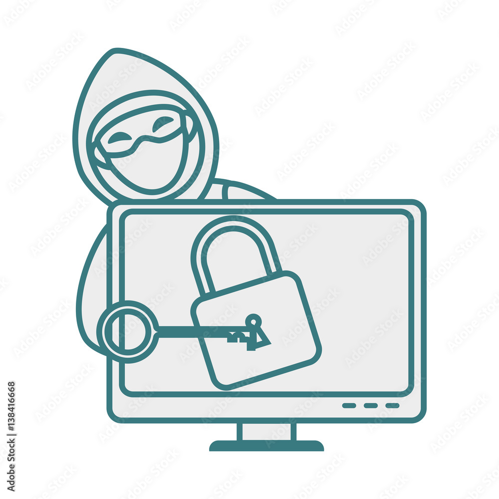 Poster monochrome contour with hacker and lcd monitor with padlock vector illustration