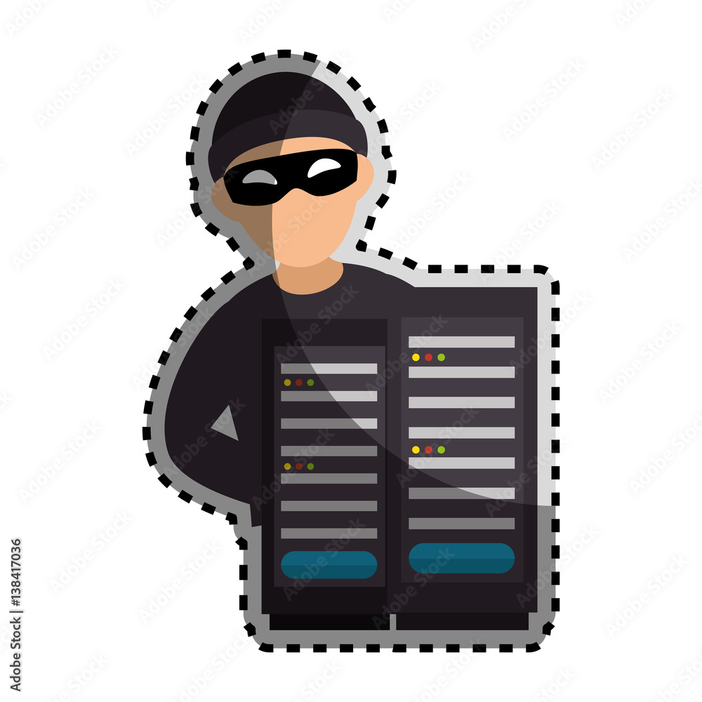 Poster sticker color silhouette with hacker and tower server vector illustration