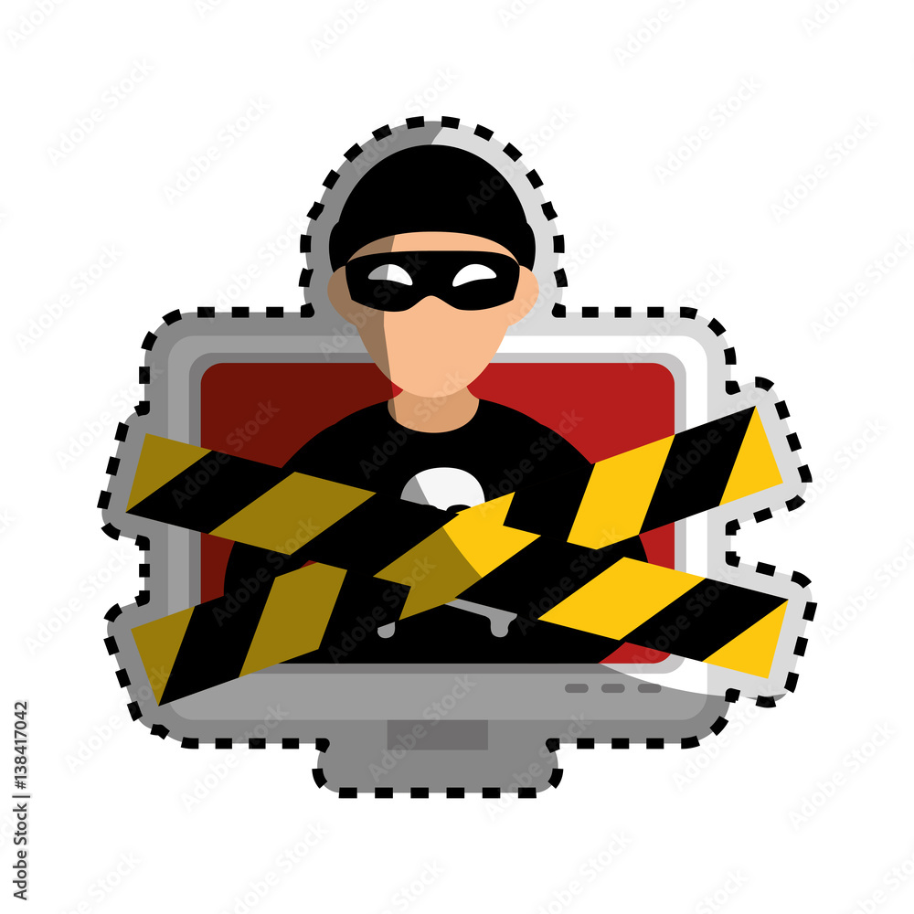 Poster sticker color silhouette with lcd monitor with hacker and warning tape vector illustration