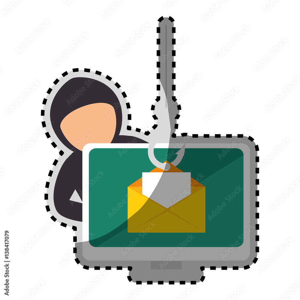 Poster sticker color silhouette with hacker stealing mail information vector illustration