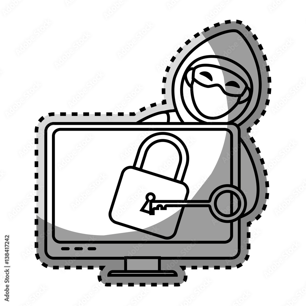 Poster monochrome contour sticker with hacker and lcd monitor with padlock vector illustration