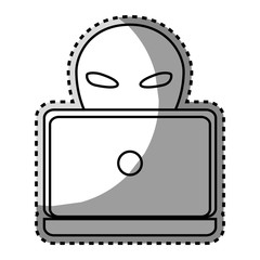 monochrome contour sticker with criminal hacker and laptop vector illustration