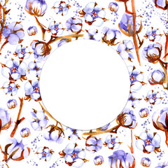 Wreath, circle frame with the cotton flowers branches, hand drawn on a white
