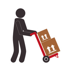 color pictogram with messenger and hand truck with boxes vector illustration