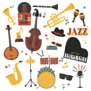 Musical instruments decorative icons with guitar drums headphones and jazz rock concert note silhouette audio piano saxophone sound vector illustration.