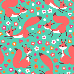 Obraz na płótnie Canvas Little cute squirrels on flowers meadow. Seamless spring or summer pattern for gift wrapping, wallpaper, childrens room, clothing.