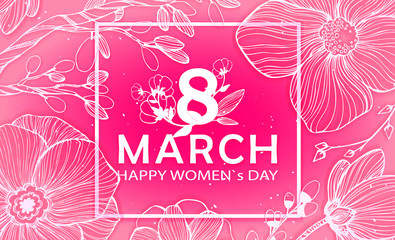 Naklejka premium 8 March Happy Women`s Day in square - spring vector background with Paper cut flower. Handdrawn Floral template, Greeting card. Holiday, Origami design, Trendy backdrop for Womens and Mother's Day
