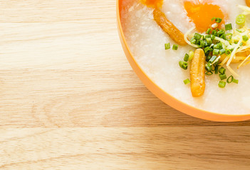 Boiled rice with pork ,porridge with pork is breakfast