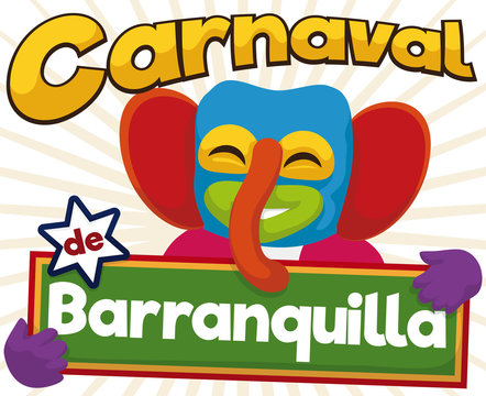 Happy Marimonda Holding a Sign for Barranquilla's Carnival Celebration, Vector Illustration