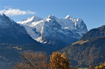Fototapeta na wymiar Schneeberge: Schwarzhorn, Wildgärst, und Faulhorn, schneebedeckt im Herbst im Berner Oberland, Schweiz