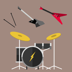 Beautiful modern electric guitar jazz instrument string concert style acoustic sound tool and musical play metal song classic rock roll drum vector illustration.