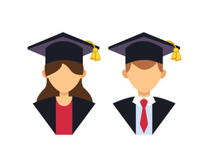 Graduation man and woman silhouette uniform avatar vector illustration. Student education college success character with hat gown flat achievement. Knowledge person.