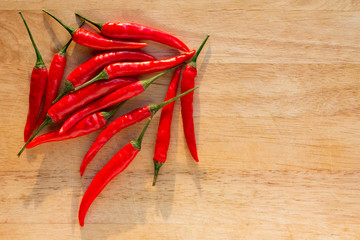 Pile of chillies ready to be sliced and diced to create a delectable dish that will be truly unforgettable.  Spicy recipe item your guests will devour.  Copyspace.