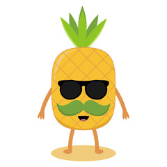 Cartoon pineapple with a mustache and sunglasses on white background