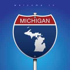 An Sign Road America Style with state of American with blue background and message, MICHIGAN and map, vector art image illustration