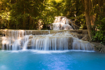 Blue stream waterfall in deep forest national park of Thailand, natural landscape background