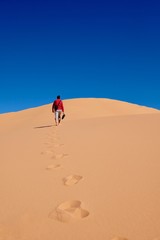 Fototapeta na wymiar Man walking on sand dunes to the sky. Coral Pink Sand Dunes State Park. Cedar City. Kanab. Utah. United States.