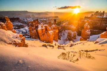 Hoodoos and Trails Covered in Snow on a Cold Winter Morning Sunrise in Bryce Canyon National Park,...