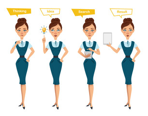 Set of business woman characters poses. Illustration shows online search process