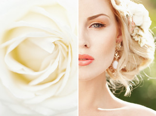  Beautiful Blond Bride near a Flowering Bush Roses Posing in a Wedding Dress