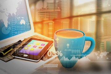 3d illustration of office desk with business charts. Financial background.