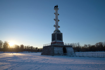 The Chesme column at sunset on a February evening. Tsarskoye Selo