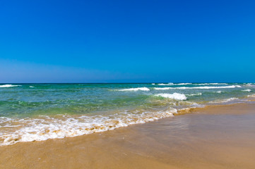 Tropical beach resort for relax. Ocean wave. Sea shore waves.