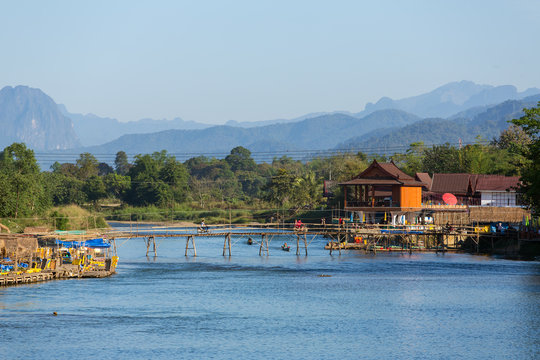 Wooden bridge across Nam Song river at Vang Vieng, Laos