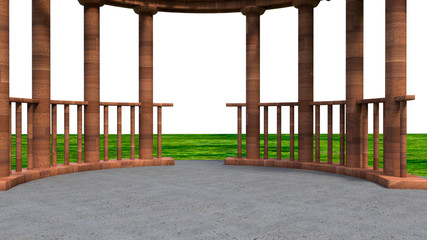 inside view of tent with wooden pillars and a concrete floor. Brown wood. Illustration, rendering 