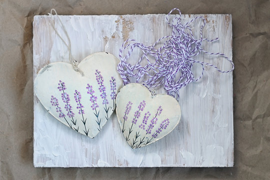 decorative vintage hearts with lavender picture on old paper background. Valentine's day, 14 february holiday concept. symbol of love, romantic. rustic provence style. copy space