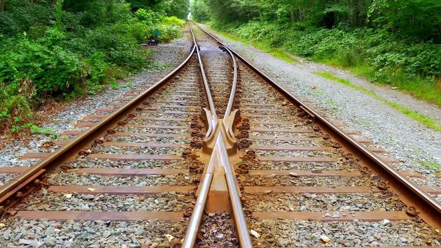4K Train Tracks Railroad, Background Tracks Diverge and Split