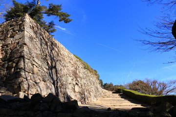 Walls and stone stairs and blue sky background