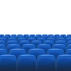 Naklejka premium Niebieskie siedzenia z białym pustym ekranem i miejscem na tekst