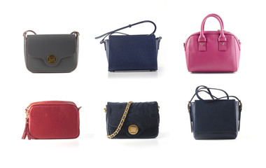 women leather color handbags isolated on white background
