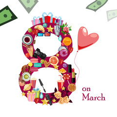 8 March Women's Day greeting card template. March 8 greeting cards as a doughnut